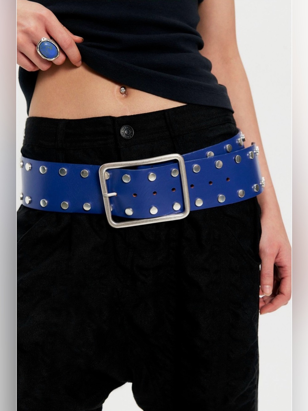Free People Blue Studded Leather Hip Belt – Size S/M Statement Accessory , NWT